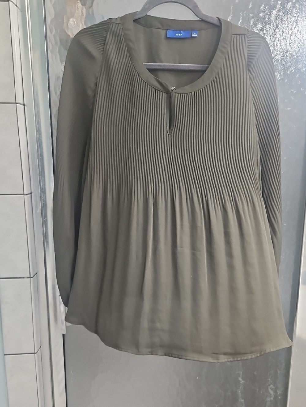 Olive Green Pleated Long-Sleeve Women's Top